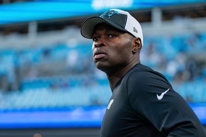 Panthers defensive coordinator Ejiro Evero looks on before an NFL football game against the New Orleans Saints
